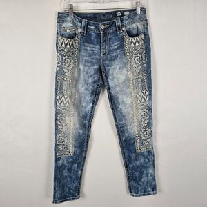 Miss Me Jeans Women's 29 Blue Signature Cuffed Skinny Boho Aztec Embordering